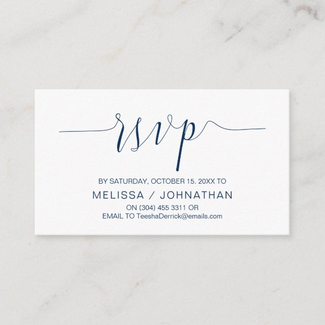 Wedding Calligraphy, Navy Blue Script, Dinner RSVP Enclosure Card (Front)