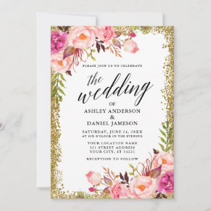 Wedding Calligraphy Pink Floral Gold Glitter Invitation