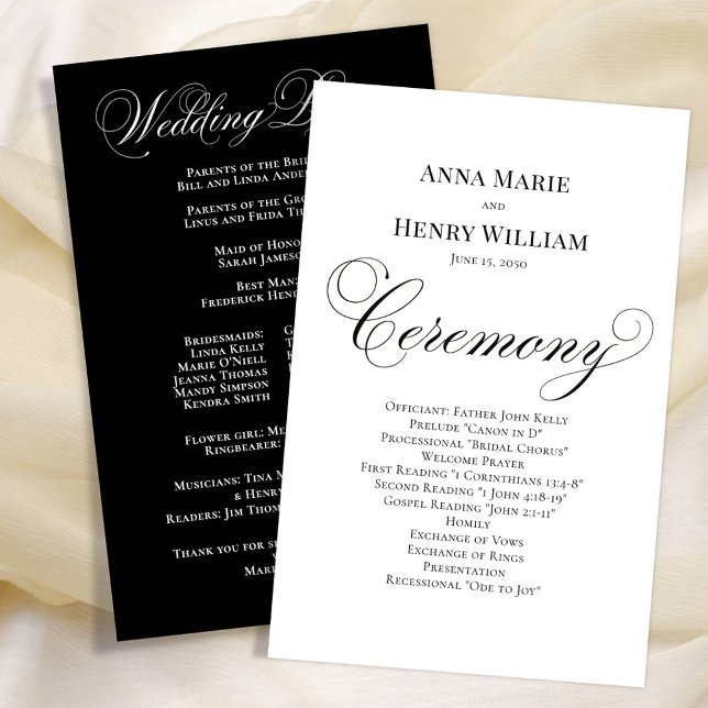 Wedding Calligraphy Script Black and White  (Elegant calligraphy script classic wedding ceremony church program. )