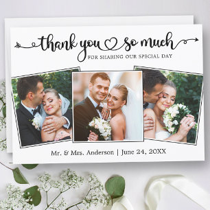 Wedding Calligraphy Script Heart 3 Photos Thank You Card