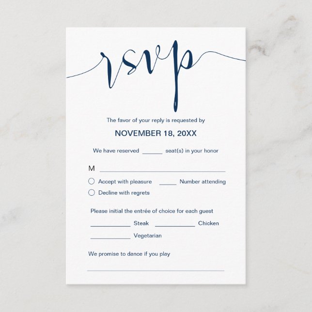 Wedding Calligraphy, Simple Navy Blue, Dinner RSVP Enclosure Card (Front)