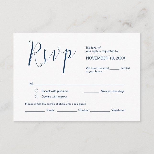 Wedding Calligraphy, Simple Navy Blue Script, RSVP Enclosure Card (Front)