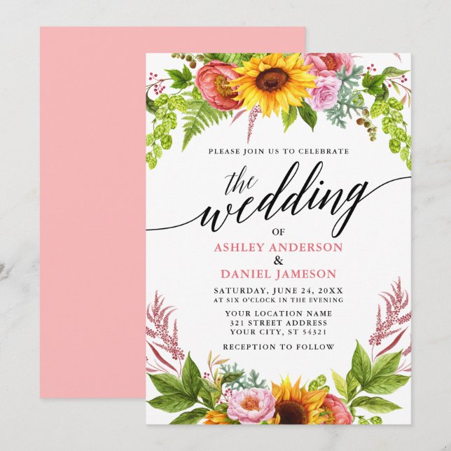 Wedding Calligraphy Sunflower Floral Pink Invitation (Front/Back)