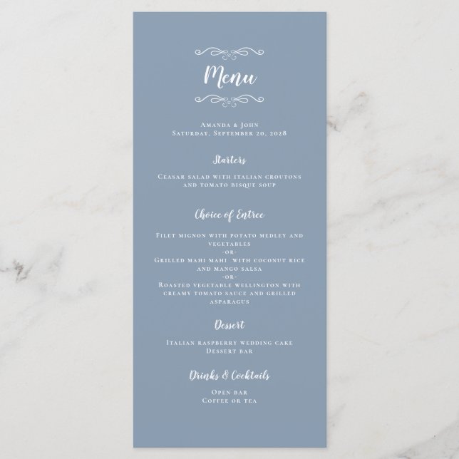 Wedding Calligraphy Trendy Dinner Party Dusty Blue Menu (Front)