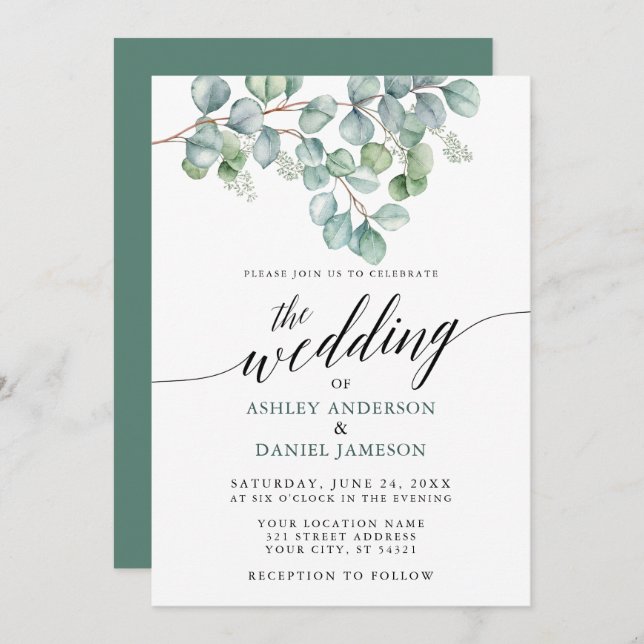 Wedding Calligraphy Watercolor Eucalyptus Greenery Invitation (Front/Back)
