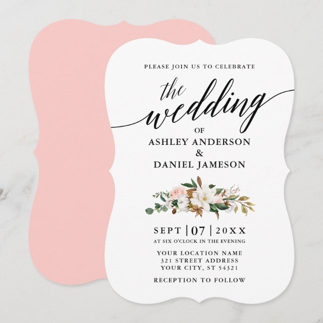 Wedding Calligraphy Watercolor Magnolias Roses Invitation (Front/Back)