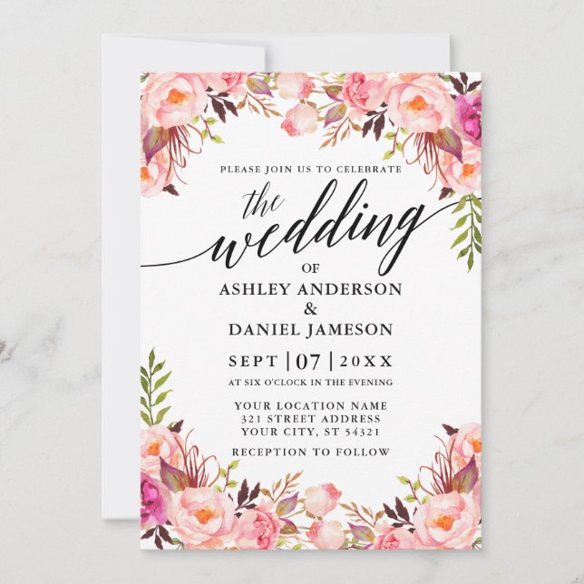 Wedding Calligraphy Watercolor Pink Blush Floral Invitation (Front)