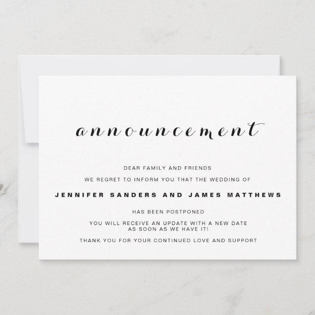 Wedding Cancellation Postponement Announcement (Front)