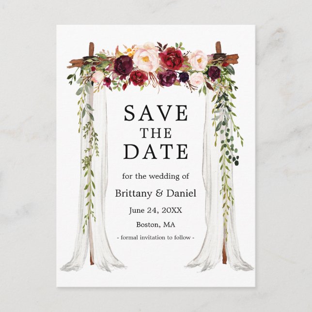Wedding Canopy Arch Watercolor Burgundy Floral Announcement Postcard (Front)