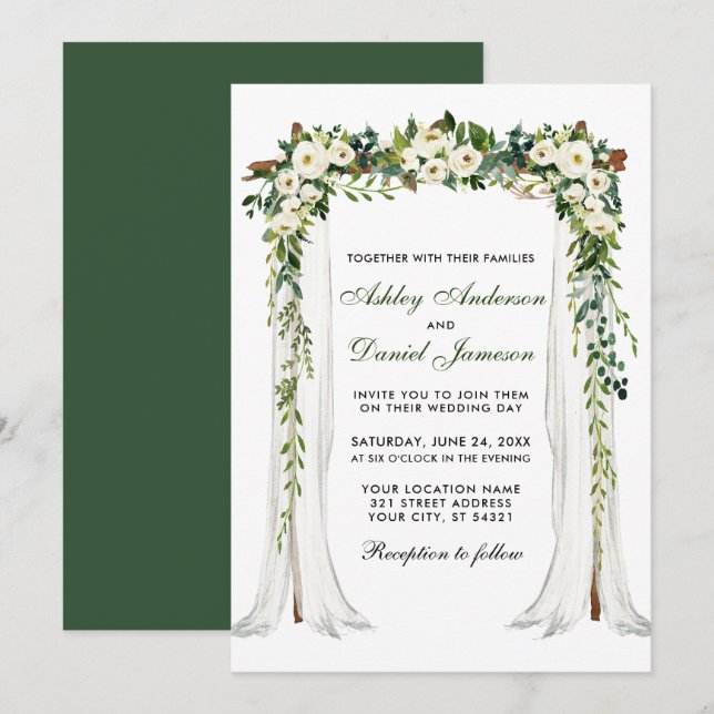 Wedding Canopy Arch Watercolor Green White Floral Invitation (Front/Back)