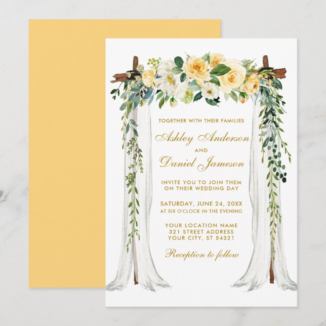 Wedding Canopy Arch Watercolor Yellow Floral Gold Invitation (Front/Back)