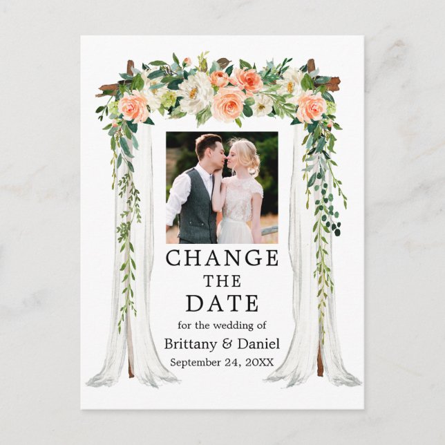Wedding Canopy Coral Floral Change The Date Postcard (Front)