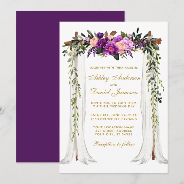 Wedding Canopy Gold Watercolor Purple Floral Invitation (Front/Back)