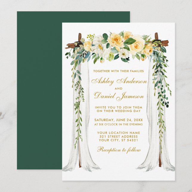 Wedding Canopy Green Gold Watercolor Yellow Floral Invitation (Front/Back)