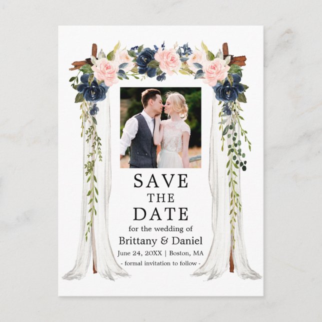 Wedding Canopy Pink Dusty Blue Floral Photo Announcement Postcard (Front)