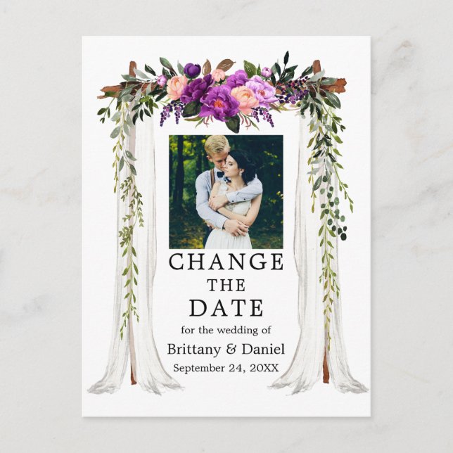 Wedding Canopy Purple Floral Change The Date Postcard (Front)