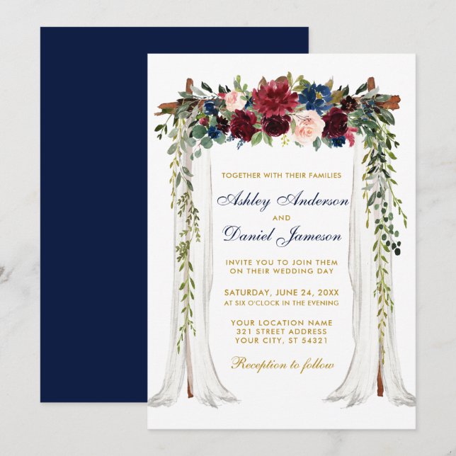 Wedding Canopy Watercolor Floral Arch Blue Gold Invitation (Front/Back)