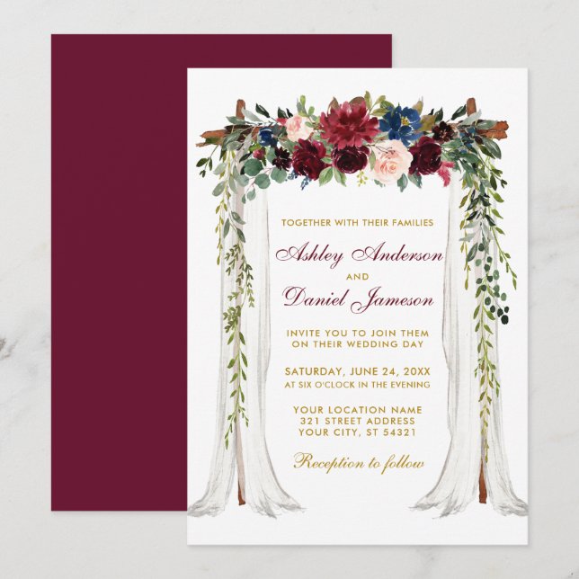 Wedding Canopy Watercolor Floral Arch Gold Invitation (Front/Back)