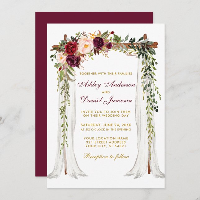 Wedding Canopy Watercolor Floral Burgundy Gold Invitation (Front/Back)
