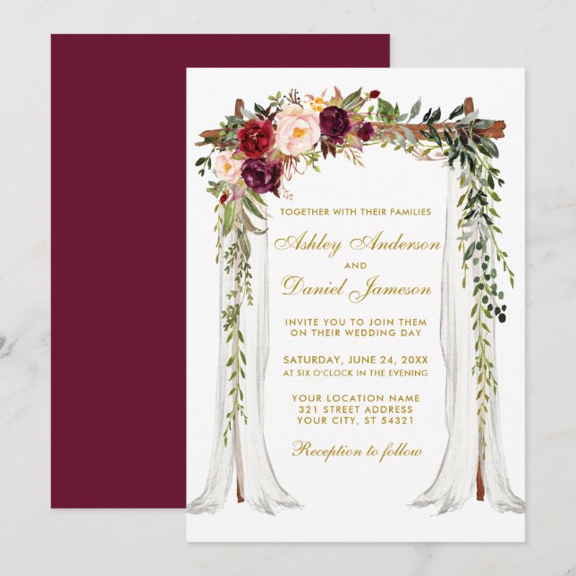 Wedding Canopy Watercolor Floral Gold Burgundy Invitation (Front/Back)