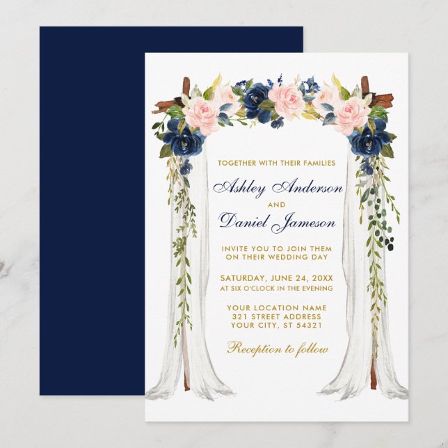 Wedding Canopy Watercolor Floral Pink Blue Gold Invitation (Front/Back)