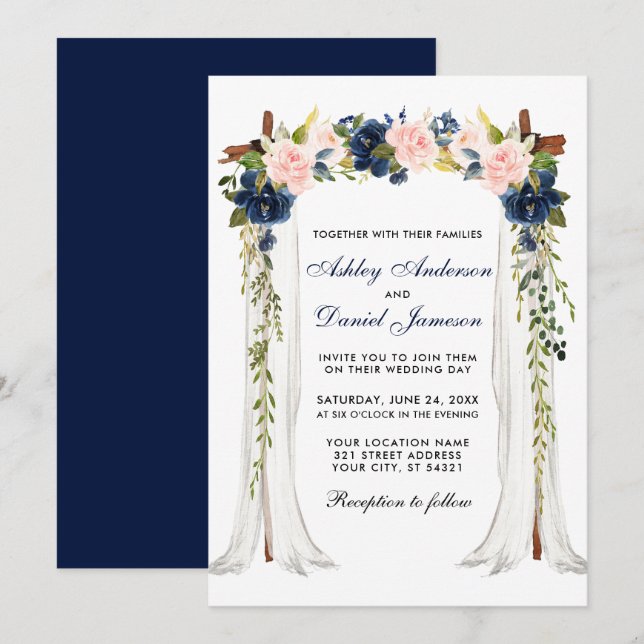 Wedding Canopy Watercolor Floral Pink Blue Invitation (Front/Back)