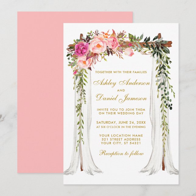 Wedding Canopy Watercolor Floral Pink Blush Gold Invitation (Front/Back)