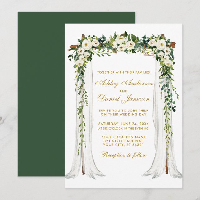 Wedding Canopy Watercolor Green Floral Gold Invitation (Front/Back)
