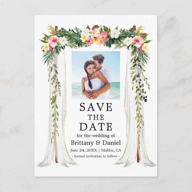 Wedding Canopy Watercolor Tropical Floral Photo Announcement Postcard (Front)