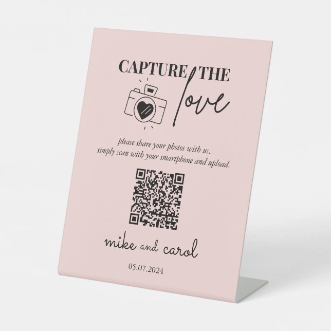 Wedding Capture The Love | Photo Sharing QR Code Pedestal Sign (Front)