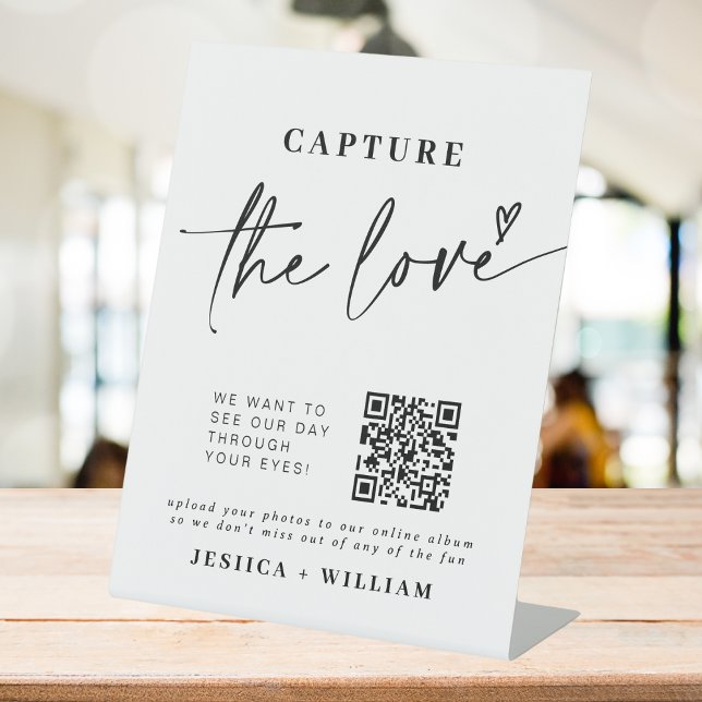Wedding Capture The Love | Photo Sharing QR Code Pedestal Sign (Creator Uploaded)