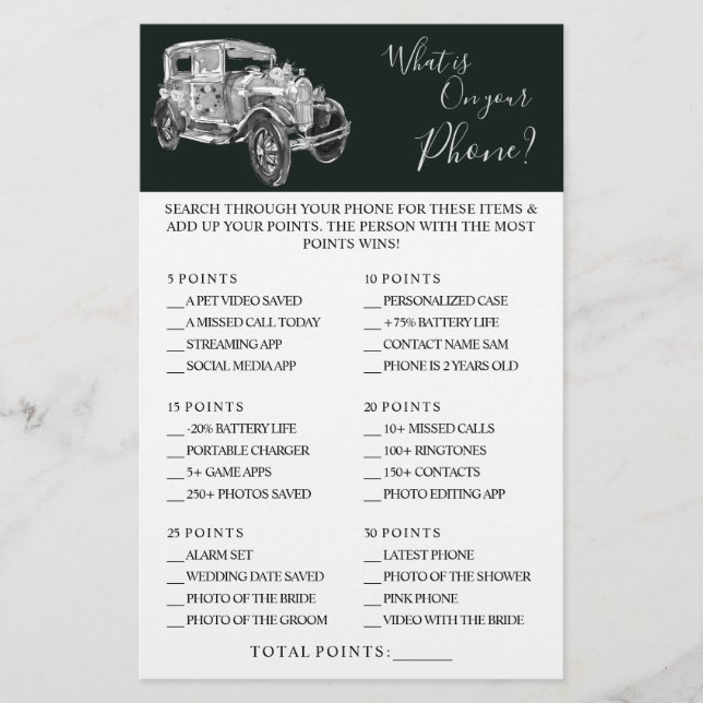 Wedding Car What is on your Phone Shower Game Card (Front)