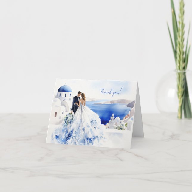 Wedding card with watercolor painting of Santorini (Front)