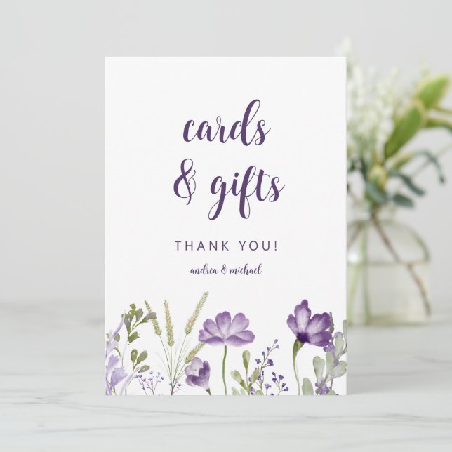 Wedding Cards & Gifts Sign Purple Floral Card (Standing Front)
