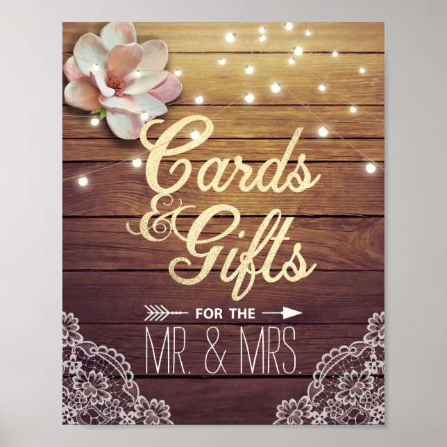 Wedding Cards Gifts Sign Wood Floral String Lights (Front)