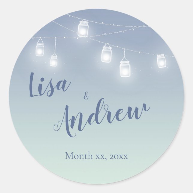 Wedding Casual Theme Soft Blue and White Classic Round Sticker (Front)