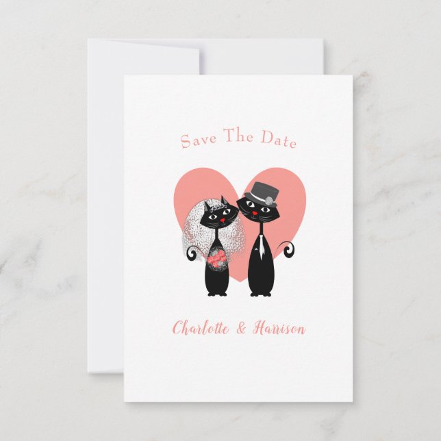 Wedding Cats Black White Coral Cute Save The Date (Back)
