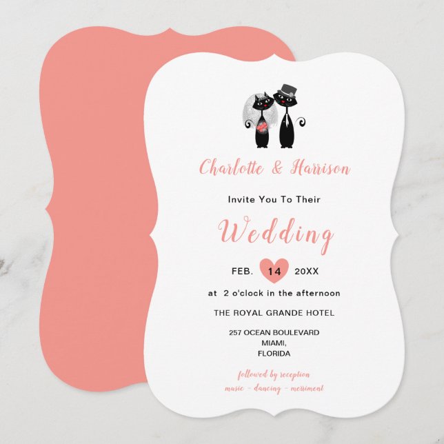Wedding Cats Elegant Black White Coral Cute Invitation (Front/Back)