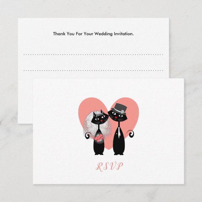 Wedding Cats Elegant Black White Coral Cute RSVP Card (Front/Back)