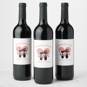 Wedding Cats Elegant Black White Coral Cute Wine Label