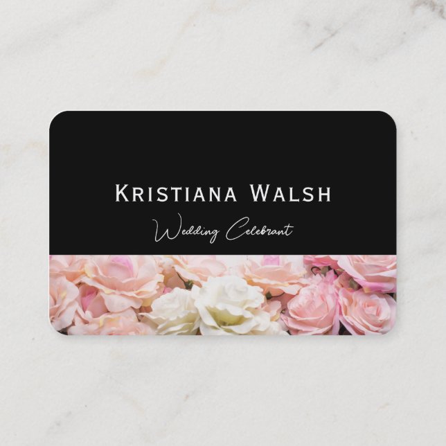 Wedding Celebrant black with pink florals Business Card (Back)