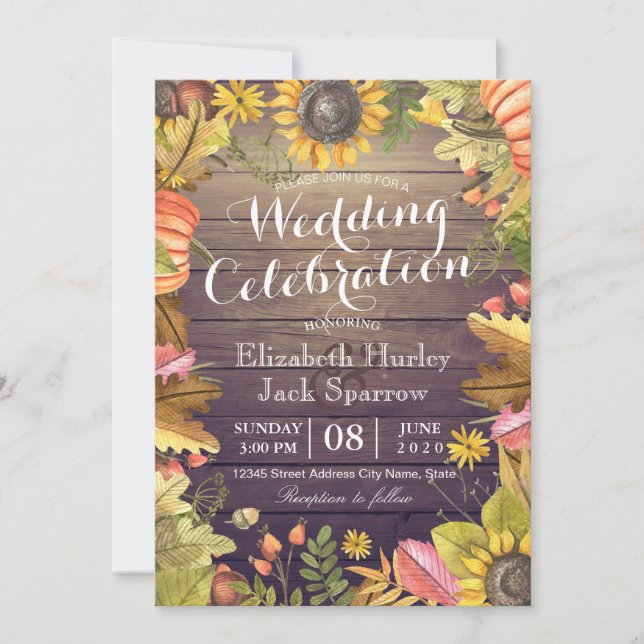 Wedding Celebration Autumn Maple Leaf Pumpkin Wood Invitation (Front)