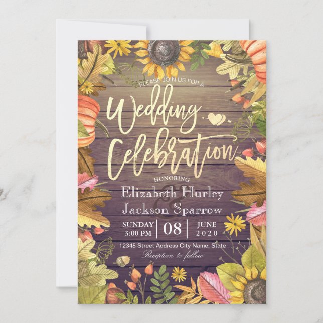 Wedding Celebration Autumn Maple Leaf Pumpkin Wood Invitation (Front)