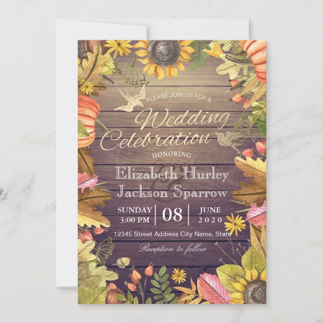 Wedding Celebration Autumn Maple Leaf Pumpkin Wood Invitation (Front)