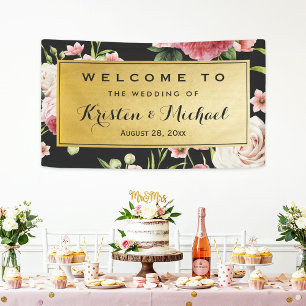 Wedding Celebration Black Gold Vintage Floral Banner