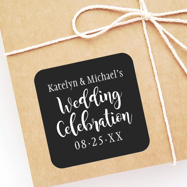 Wedding Celebration Black Handwritten Script Square Sticker (Creator Uploaded)