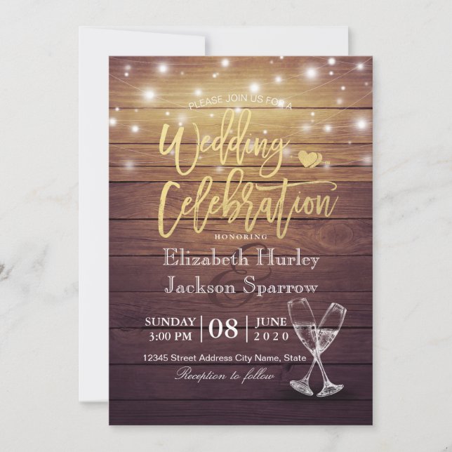 Wedding Celebration Champagne Glasses Wood Lights Invitation (Front)