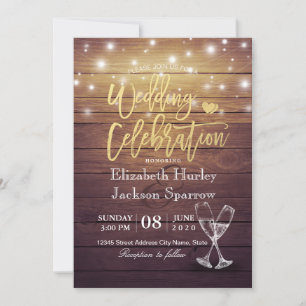 Wedding Celebration Champagne Glasses Wood Lights Invitation