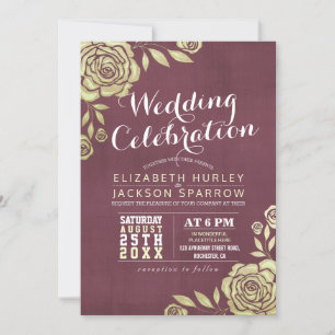 Wedding Celebration Modern Gold Roses Burgundy Red Invitation