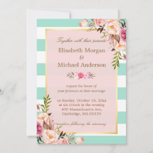 Wedding Celebration Pink Floral Mint Green Stripes Invitation